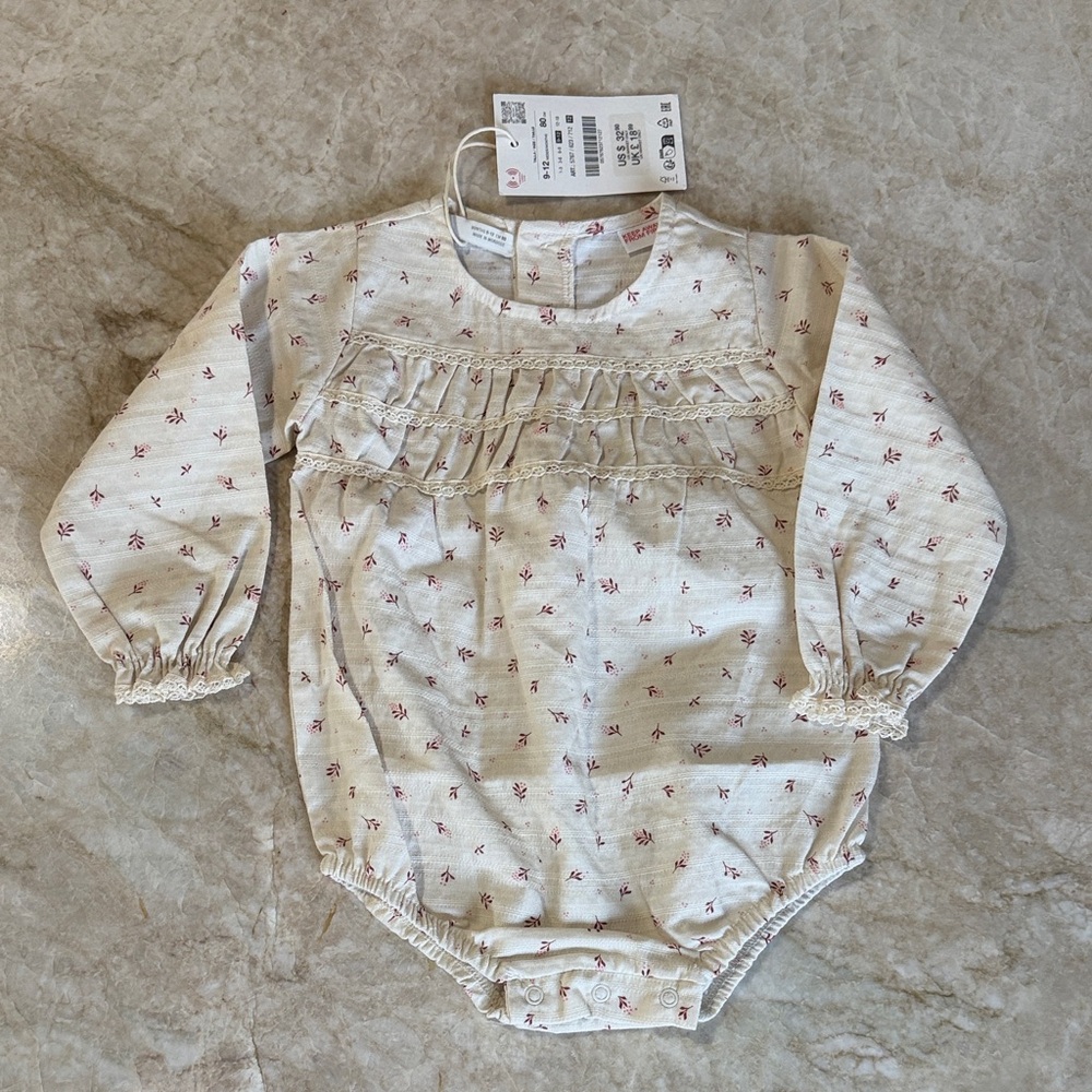 Zara Cream Floral Ruffle Baby Long-Sleeve Romper